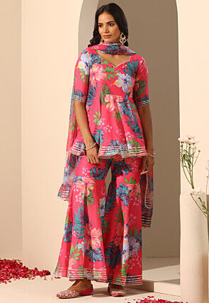 Printed Muslin Silk Pakistani Suit in Pink