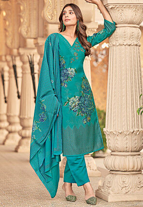 Printed Muslin Silk Pakistani Suit in Teal Green