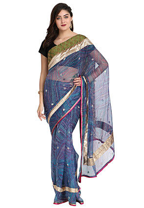 Printed Net Saree in Blue