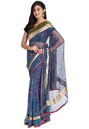 Printed Net Saree in Blue