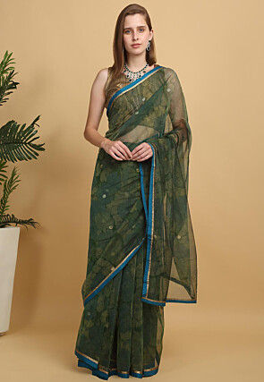 Printed Net Saree in Dark Green