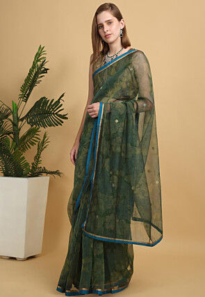 Printed Net Saree in Dark Green