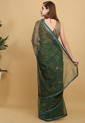 Printed Net Saree in Dark Green