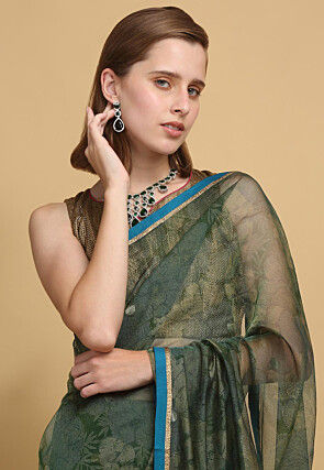Printed Net Saree in Dark Green
