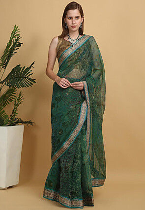 Printed Net Saree in Dark Green