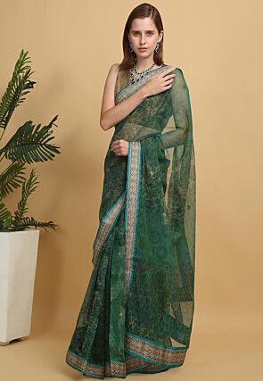 Printed Net Saree in Dark Green
