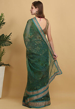Printed Net Saree in Dark Green