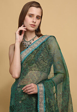 Printed Net Saree in Dark Green