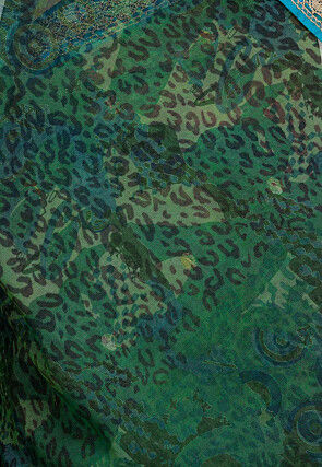 Printed Net Saree in Dark Green