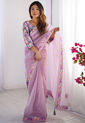 Printed Net Saree in Light Purple