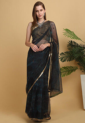 Printed Net Saree in Navy Blue