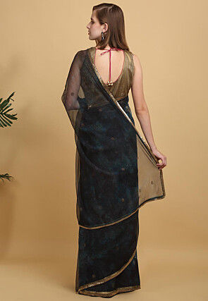 Printed Net Saree in Navy Blue