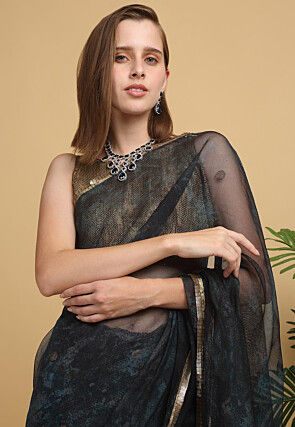 Printed Net Saree in Navy Blue