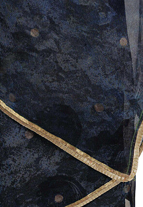 Printed Net Saree in Navy Blue