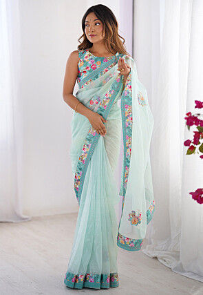 Printed Net Saree in Pastel Blue