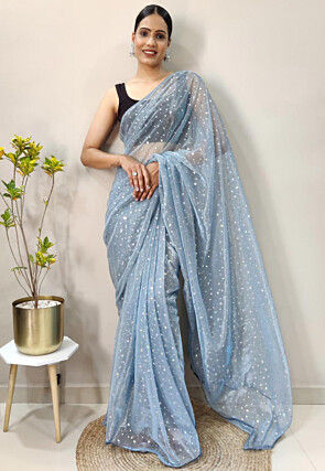 Printed Net Shimmer Saree in Blue