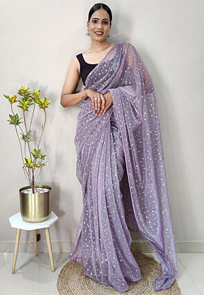 Printed Net Shimmer Saree in Purple