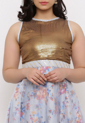 Printed Organza Abaya Style Suit in Light Grey and Copper