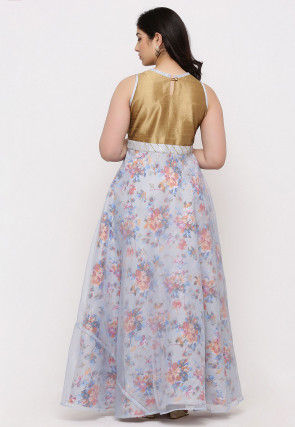 Printed Organza Abaya Style Suit in Light Grey and Copper