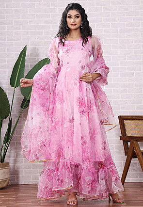 Printed Organza Abaya Style Suit in Pink