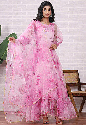 Printed Organza Abaya Style Suit in Pink