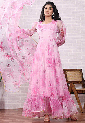 Printed Organza Abaya Style Suit in Pink