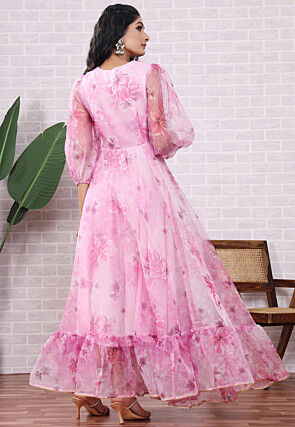 Printed Organza Abaya Style Suit in Pink