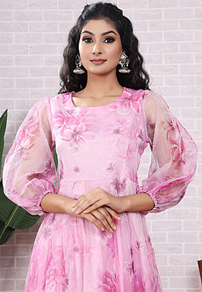 Printed Organza Abaya Style Suit in Pink