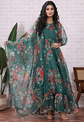 Printed Organza Abaya Style Suit in Teal Green