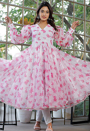 Printed Organza Aline Kurta Set in White