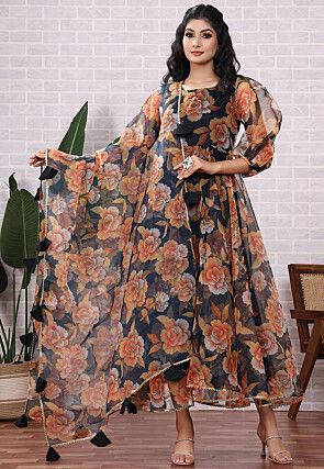 Organza Black Floral Print Trendy Salwar Suit