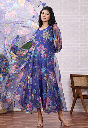 Printed Organza Aline Suit in Blue