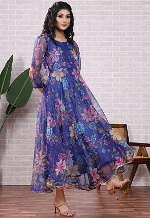 Printed Organza Aline Suit in Blue