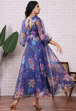 Printed Organza Aline Suit in Blue