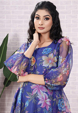 Printed Organza Aline Suit in Blue