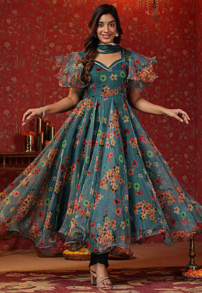 Printed Organza Aline Suit in Greenish Grey