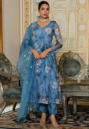 Printed Organza Anarkali Suit in Blue