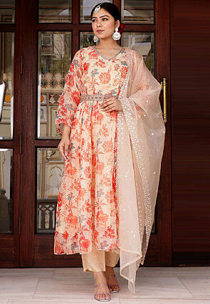 Printed Organza Anarkali Suit in Cream