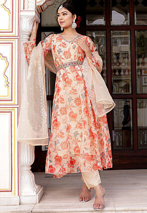 Printed Organza Anarkali Suit in Cream