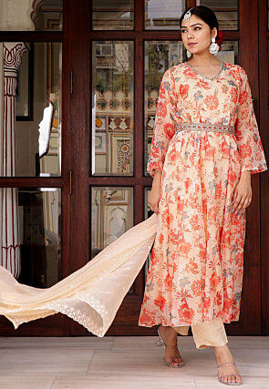 Printed Organza Anarkali Suit in Cream