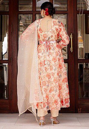 Printed Organza Anarkali Suit in Cream