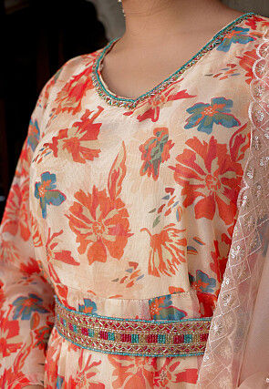 Printed Organza Anarkali Suit in Cream