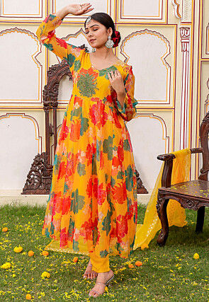 Printed Organza Anarkali Suit in Mustard
