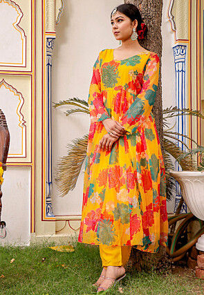 Printed Organza Anarkali Suit in Mustard