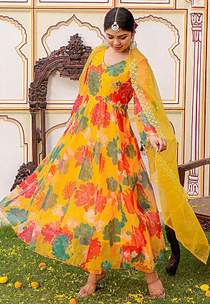 Printed Organza Anarkali Suit in Mustard