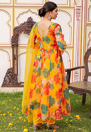 Printed Organza Anarkali Suit in Mustard