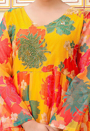 Printed Organza Anarkali Suit in Mustard