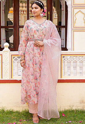 Printed Organza Anarkali Suit in White