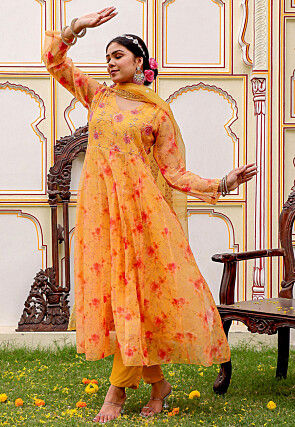 Printed Organza Anarkali Suit in Yellow