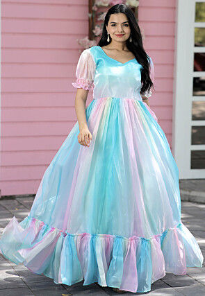 Printed Organza Flared Gown in Sky Blue and Multicolor